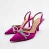 Women Blue Slingback Pumps High Heels Crystal Bowknot Party Dress Shoes Woman Sexy Pointed Toe Stiletto Heel Sandals Summer