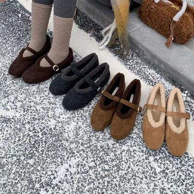 2025 осень и зима подиумная модель балетки Мэри Джейн из плоской овечьей шерсти милые крутые фея ветер пушистые туфли женские теплые