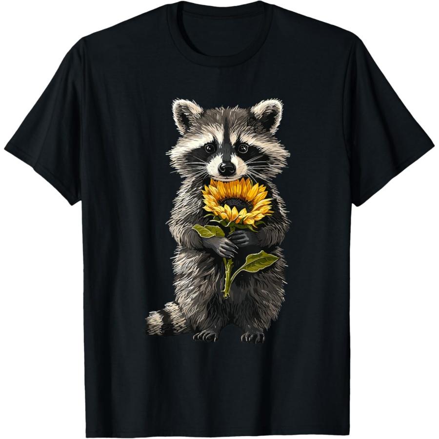 Raccoon Holding Sunflower Cute Flower Mothers Day T-Shirt