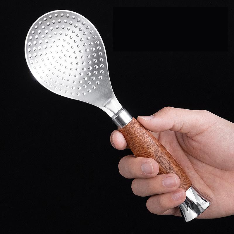 Stainless Steel Rice Spoon Non-Stick Rice Paddle Scoop Large Standing Design Serving Spoon Metal Kitchen Spoon with Wood Handle