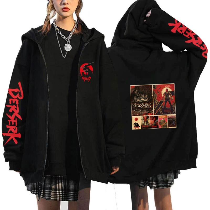 Худи на молнии с капюшоном из аниме Berserk для мужчин, оверсайз, с флисовой подкладкой, с кулиской, капюшоном, боковыми карманами