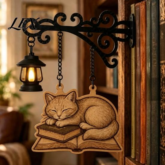 Bookworm Office Accessory Vintage Bookshelf Light with Cat Sleeping on Book Design, Retro Lantern Small Indoor Accent Lamp for Reading, Decorative LED