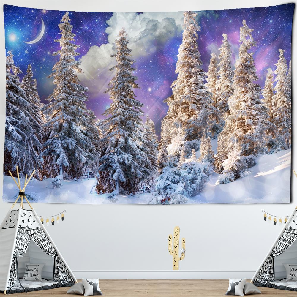 Снежный ночной пейзаж Гобелен Настенный гобелен Сосна Красочное звездное небо Хиппи Простой и свежий Богемный декор комнаты