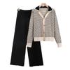 Spring Women Plaid V Neck Style Knit Cardigan Fashion Wide Leg Pants Two Piece Set
