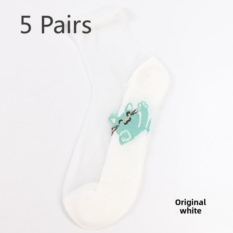 5 пар модных прозрачных женских носков, прозрачные шелковые женские носки с рисунком котенка и цветка, шелковые женские носки с кристаллами