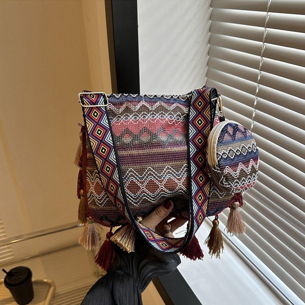 Плетеная сумка Этнический стиль Сумки через плечо Сумка через плечо в стиле бохо с кисточками Сумка через плечо с бахромой Уличная сумка через плечо