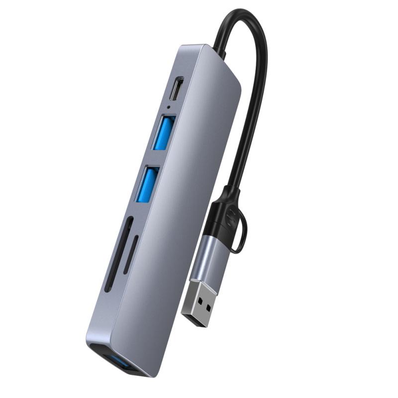 Usb C Hub 6-в-1 Док-станция типа C/USB с двумя головками Адаптер быстрой зарядки Pd с поддержкой Sd/tf