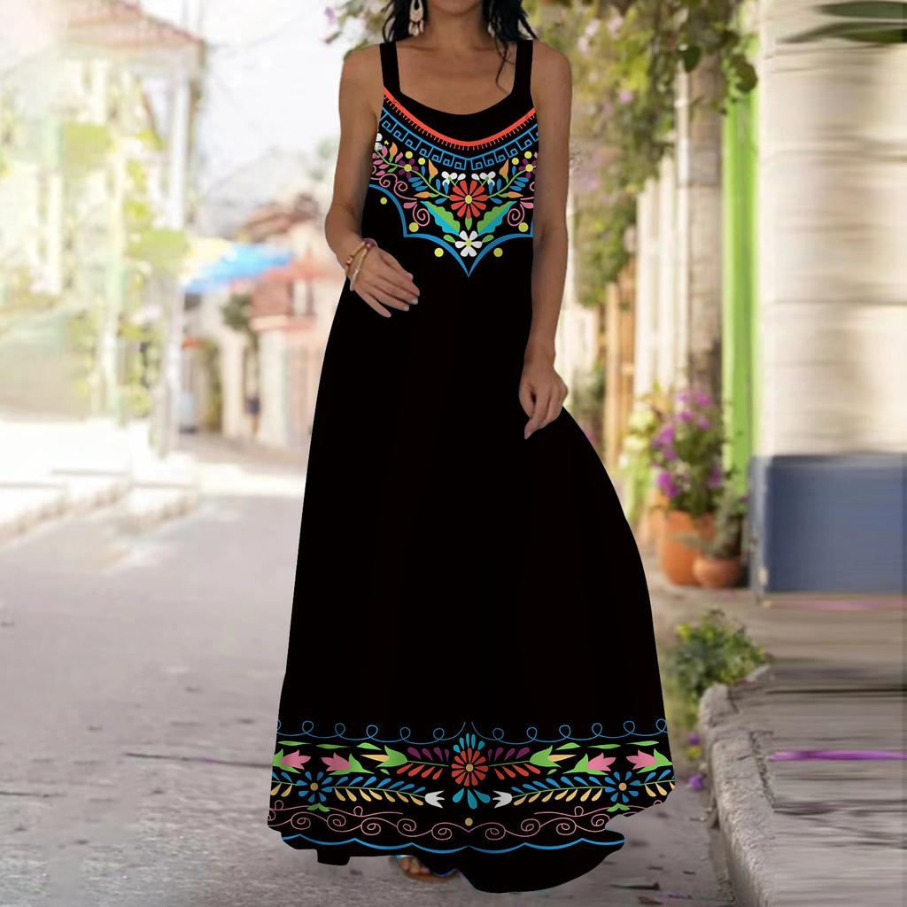 Женское платье-комбинация Длинное платье макси Синее платье с вышитым цветочным принтом Весна и лето Для отдыха и отпуска