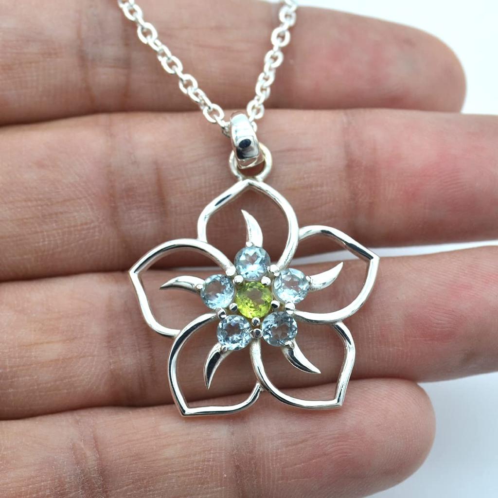 Round Cut Blue Topaz & Peridot (1.2 Cts) Flower Design 925 Sterling Silver Gemstone Pendant with Chain Jewelry For Women or Girls