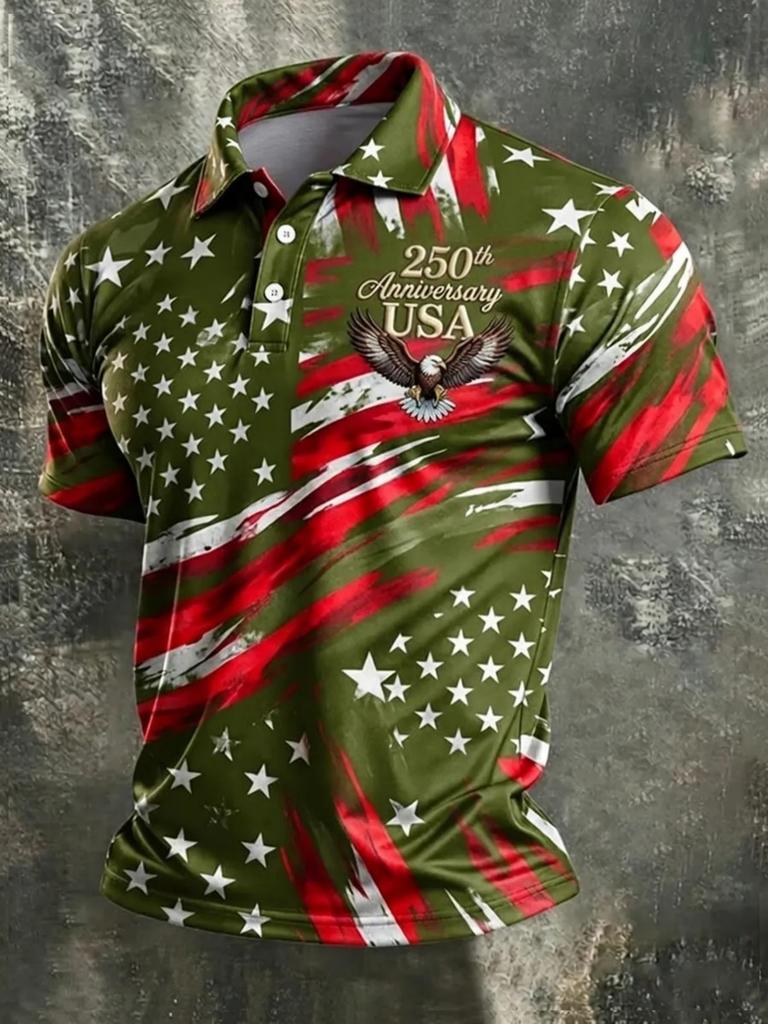 Мужская commemorative polo shirt к 250-летию, принт по всей поверхности, ретро-узор в стиле каллиграфических брызг с изображением американского флага