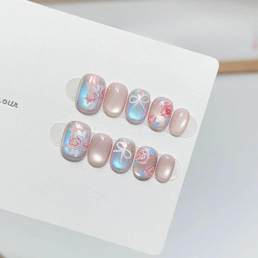 Pure Hand-made Armor Atmosphere Hand-painted Rose Bow Fantasy Color Cat Eye Nail Art Daily Short Style Removable