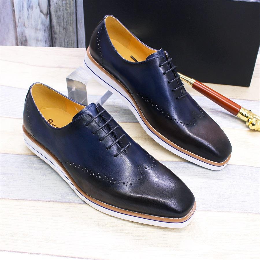 Leather Shoes Business Men'S Shoes Casual Leather Shoes Leather Color Matching Fashion Handmade Men'S Shoes Lace-Up Flat-Bottomed Versatile Shoes