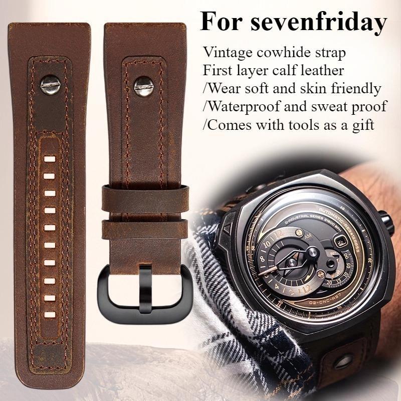 28mm Genuine leather watch strap men for SEVENFRIDAY M2 P3C 02 P1B 01 Q2 03 V2 01 retro cowhide watchband with rivets