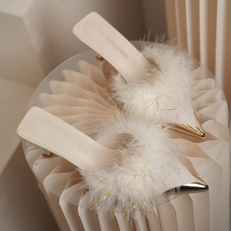 Женские теплые плюшевые туфли-мюли с острым носком и высоким каблуком, зимние, тапочки, корейский дизайн, тонкий каблук, новые шлепанцы, туфли-лодочки, zapatos mujer