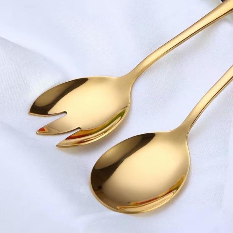 2PCS Gold Salad Spoon Fork Stainless Steel Cutlery Set Serving Spoon Set Colorful Unique Spoons Kitchen Utensils