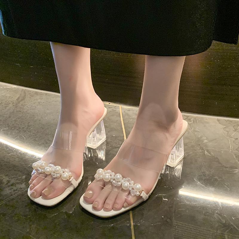 Summer New Trendy Casual Square Head with Transparent Sandals Women's High Heels Crystal Thick Heel Cool Slippers