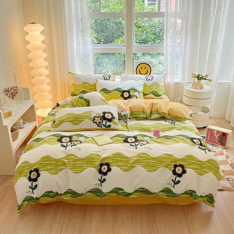 Комплект постельного белья из 3 предметов с цветными цветами в мультяшном стиле из 100% хлопка, мягкий и приятный на ощупь, с 2 наволочками