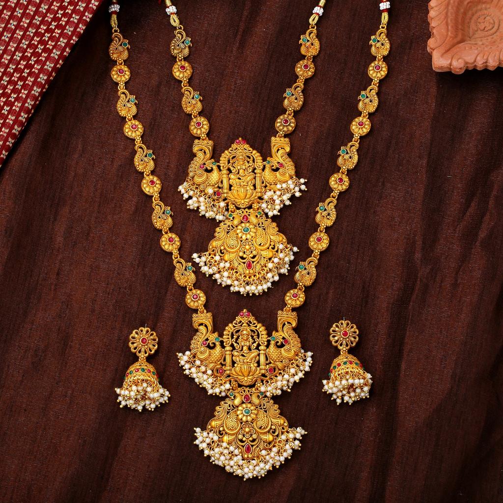 Комплект позолоченного свадебного ожерелья в храмовом стиле Estele с цветными камнями и жемчугом для женщин