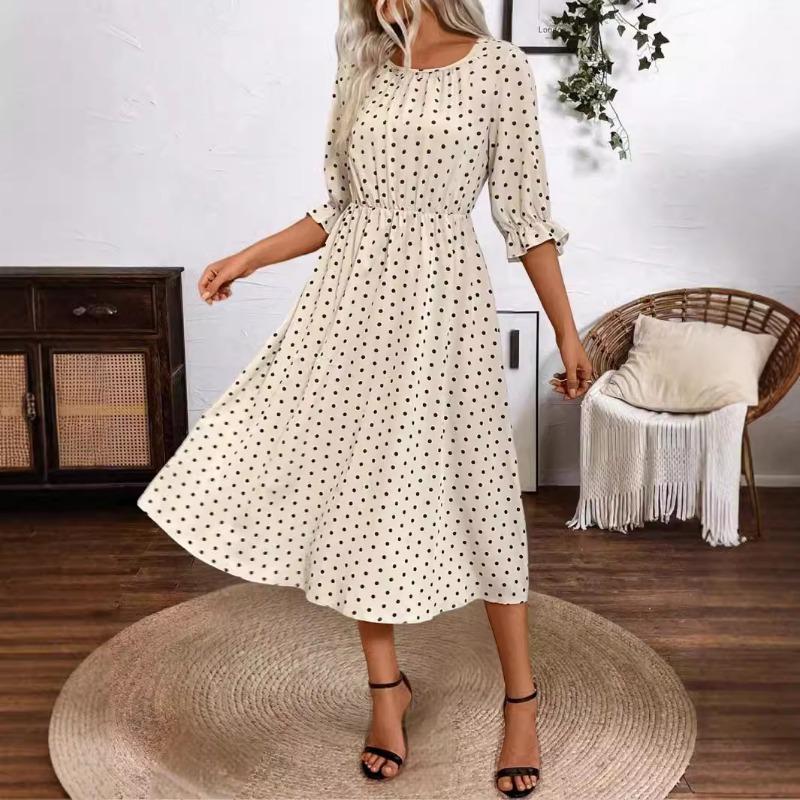 Осеннее женское элегантное и удобное платье в горошек, широкое платье-трапеция со средним рукавом
