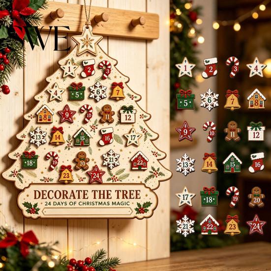 Kids Holiday Gift Wooden Christmas Tree Advent Calendar, 24-Day Countdown Hanging Decoration Ornament Set with Mini Ornaments, Wall Decor, Family