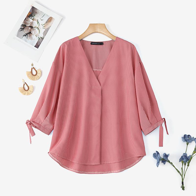 ZANZEA Женская повседневная свободная блузка с V-образным вырезом, рукавами 3/4 и клетчатым принтом, асимметричного кроя