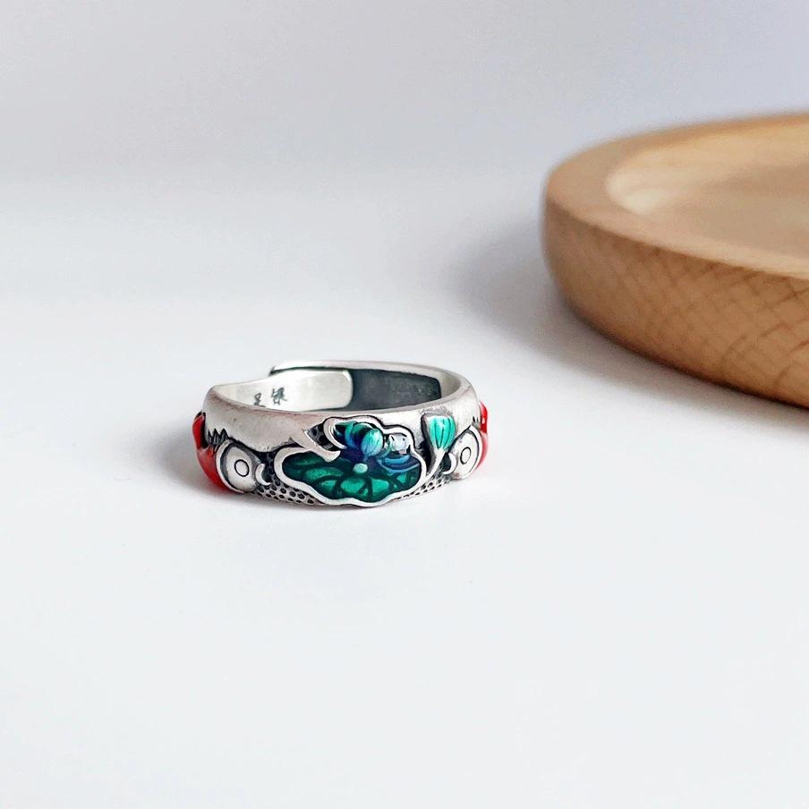 2023 Этнический стиль Рыбы Лотос Праджняпарамита Сердечная сутра Регулируемое женское кольцо