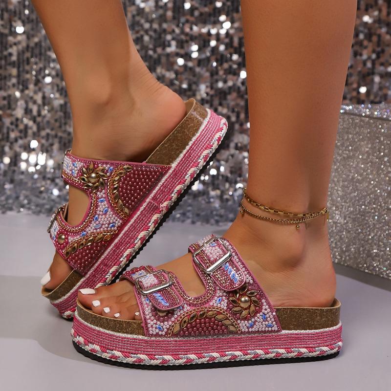 Fashion Rhinestone Platform Cool Mopping Women's Fashion Round Toe Open Toe Metal Buckle Anti-slip Wear-resistant Flats
