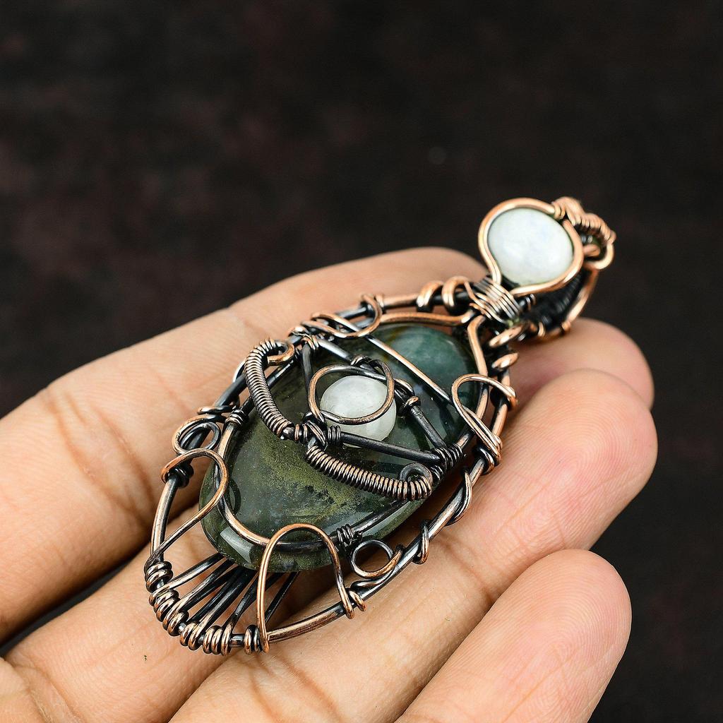 Подвеска из драгоценного камня сглаза, медная обертка, подвеска ручной работы, кулон с радужным лунным камнем, ювелирные изделия от сглаза, подарок для нее, медные украшения