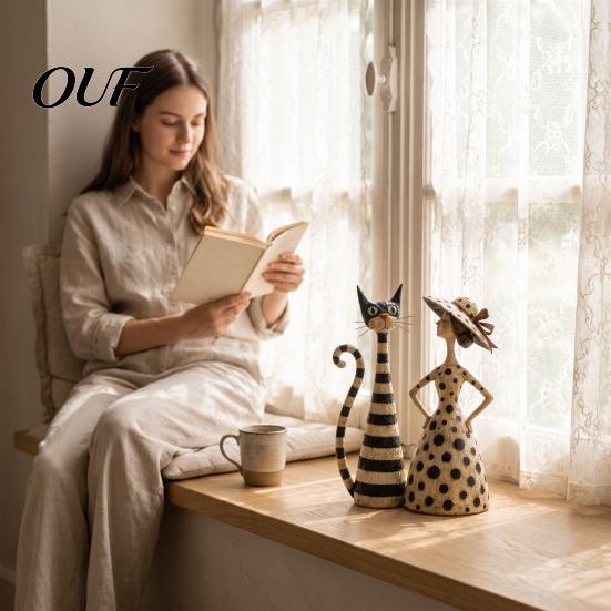 Artistic Home Accessories Vintage Polka Dot Dress Lady/Striped Cat Figurine, Retro Resin Desktop Ornament Handmade Figurine for Decor, Hand
