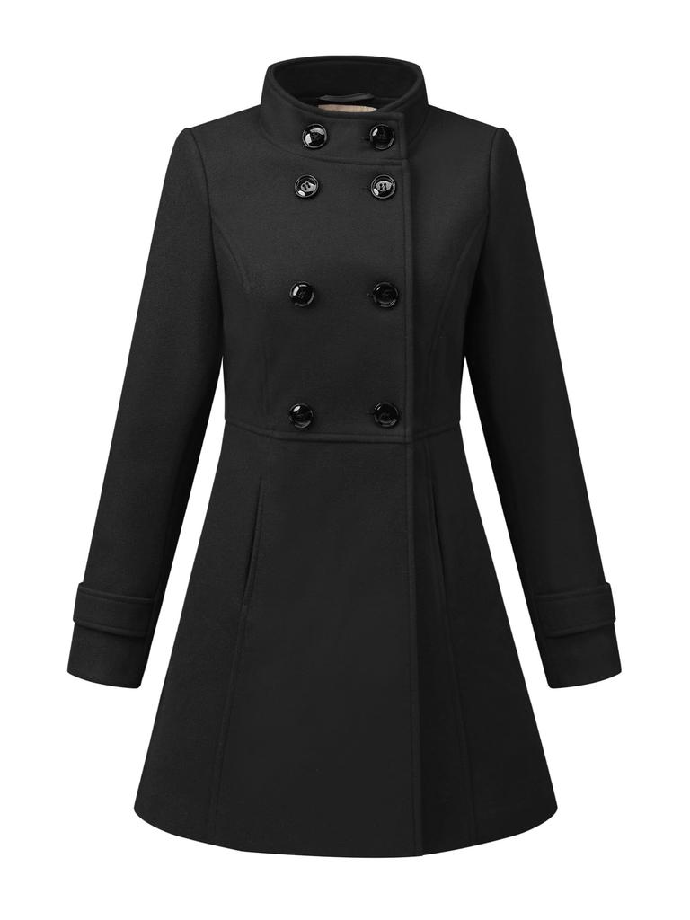 Allegra K Women's Lasha Coat, A-Line, Stand Collar, Double-Breasted, Long Sleeves, Cold Weather, Fall/Winter, Black, Size M