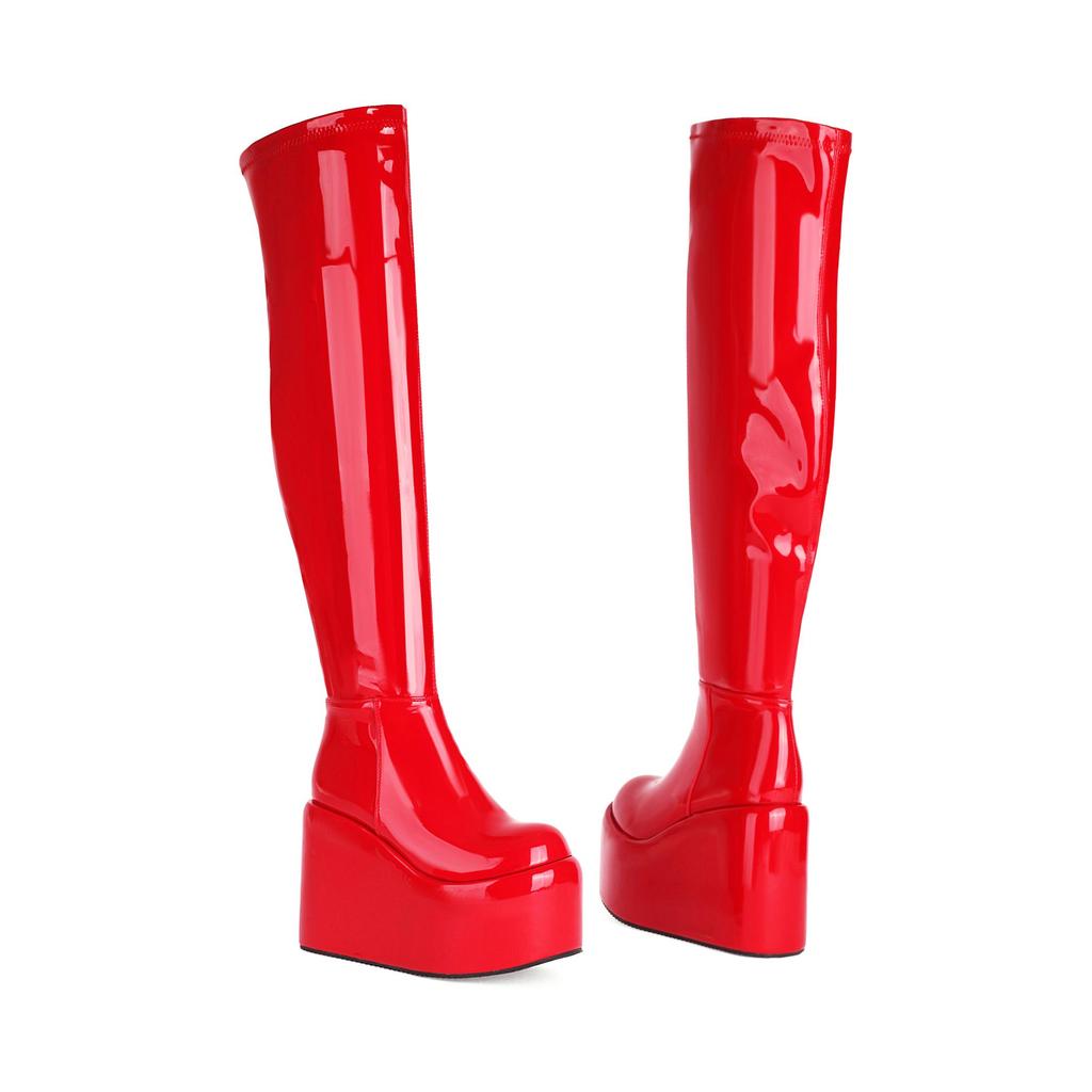 Krazing Pot PU Leather Spring Winter Keep Warm Shoes Super High Heels Waterproof Wedges Stretch Boots Zipper Women Over-the-knee Boots