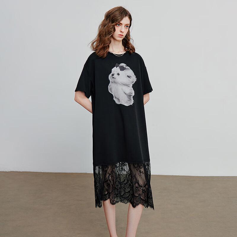 Chuyu Loose-Fit Dog Print T-Shirt Dress with Lace