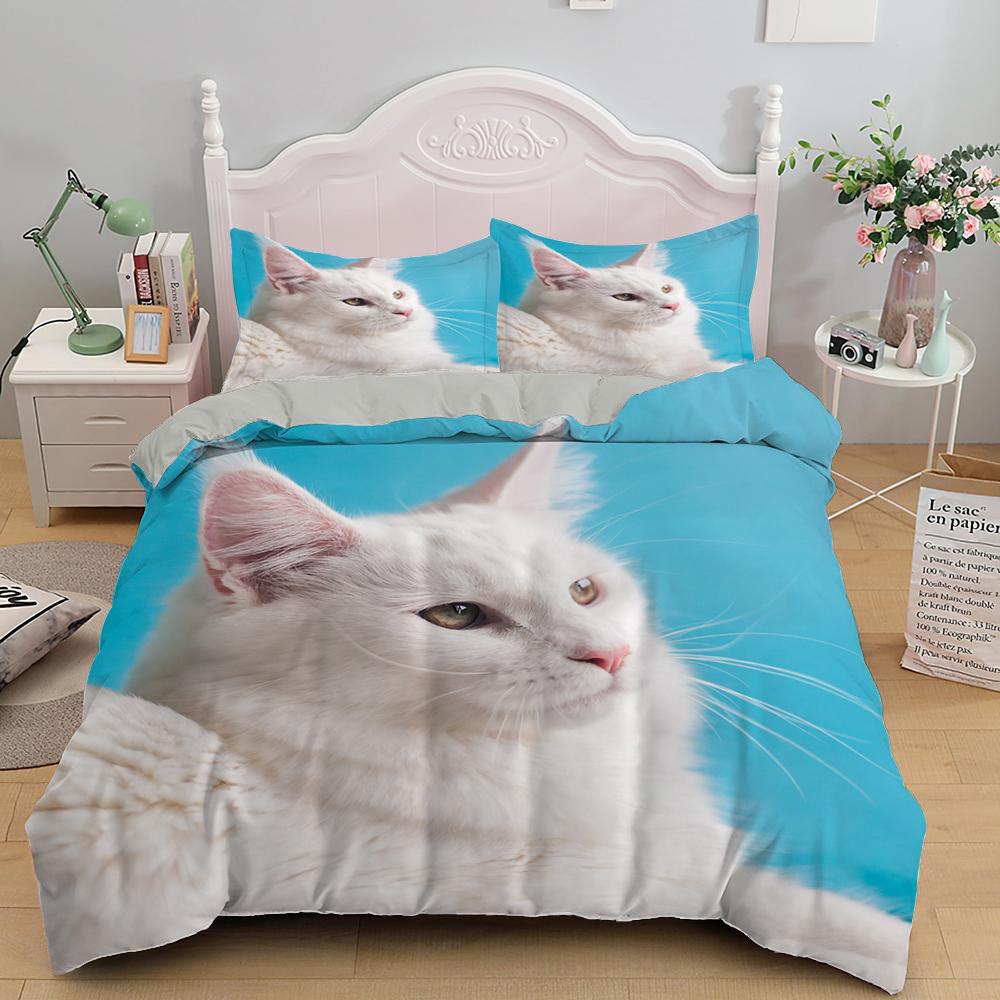 White Cat King Queen Duvet Cover Kawaii Pet Kitty Bedding Set For Kids Teens Adults Family Animal 2/3pcs Polyester Quilt Cover