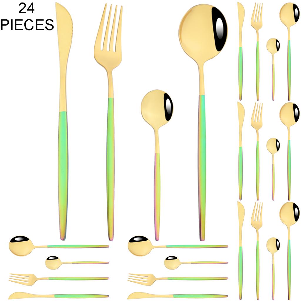 Gold 24Pcs Dinnerware Cutlery Set Knife Fork Coffee Spoon Tableware Set Mirror Stainless Steel Flatware Western Kitchen Silverware