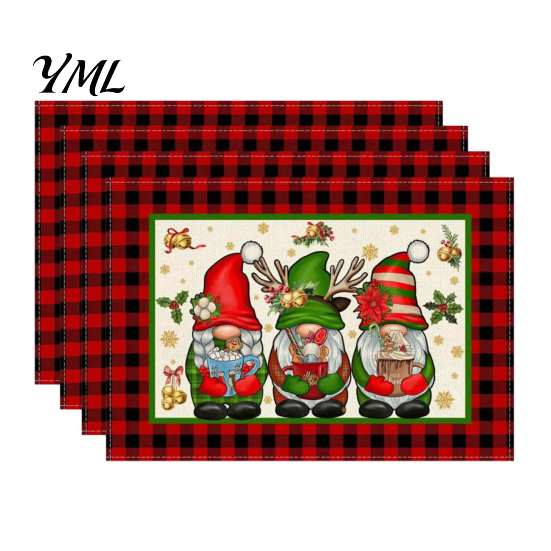 Holiday Party Supplies 4Pcs Christmas Linen Placemat Set, Cartoon Snowman Gingerbread Gnome Table Pattern Placemats Mat, Heat Resistant Place Mat for