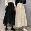 Lace Skirts Women Elastic High Waist Winter Korean Fashion Elegant Office Lady Casual A Line Black Midi Skirts