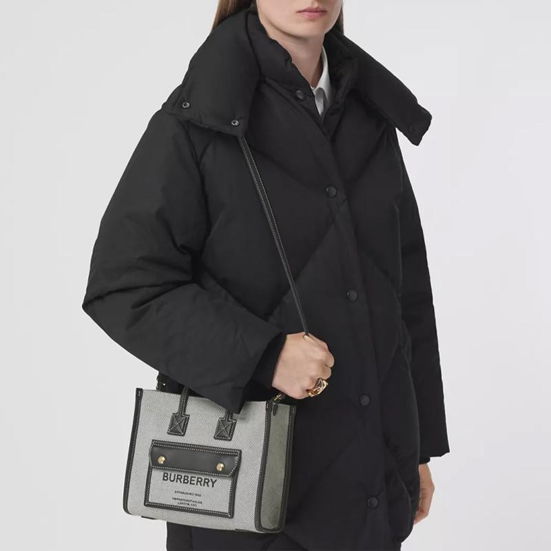 Burberry Freya Large Adjustable Strap Cotton And Calfskin Tote Bag Women Tote Bags Black Gray 80441421