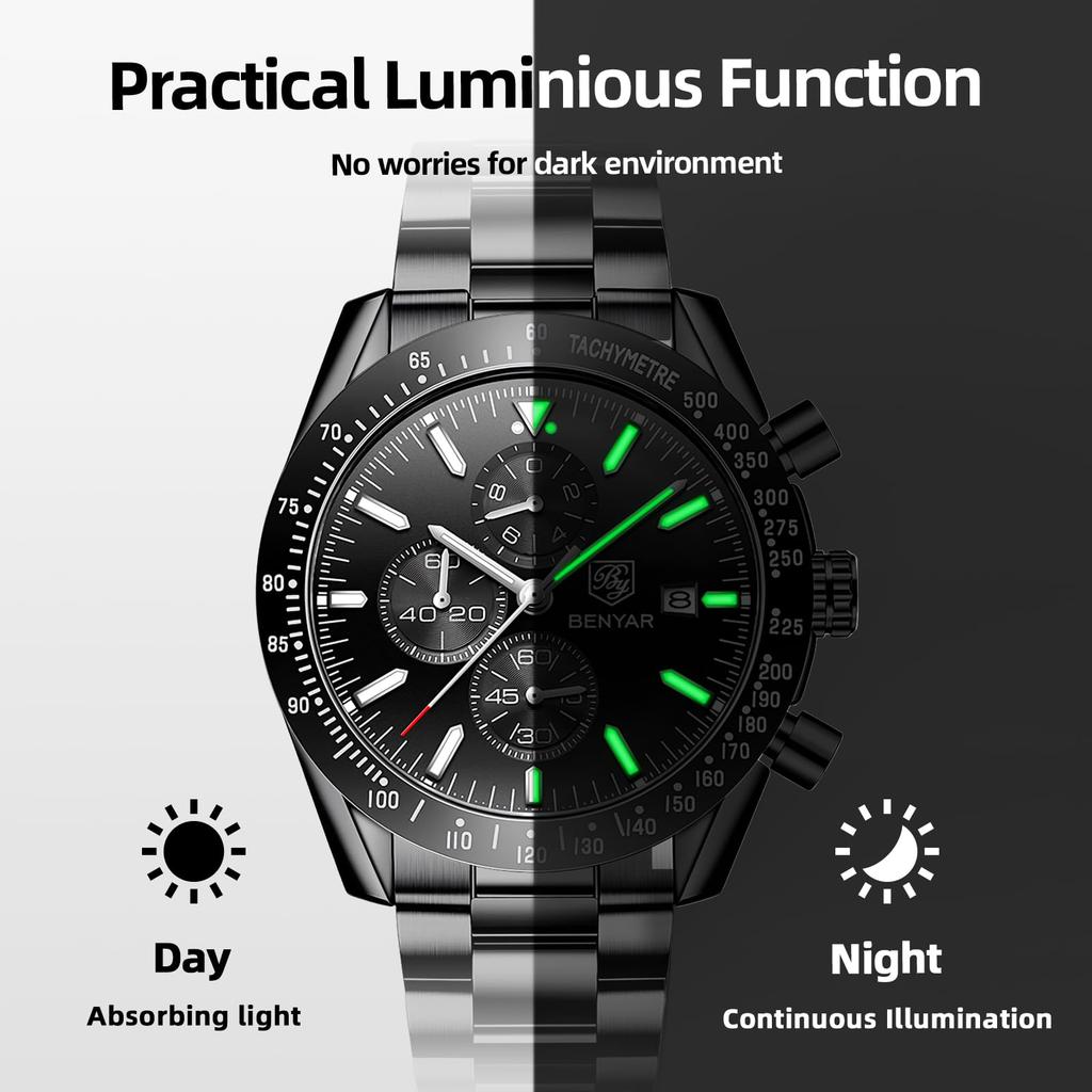 Benyar Men's Chronograph Analog Watch 30M Water Resistant Business Stylish Formal Leather Band Silver Black Quartz Gift