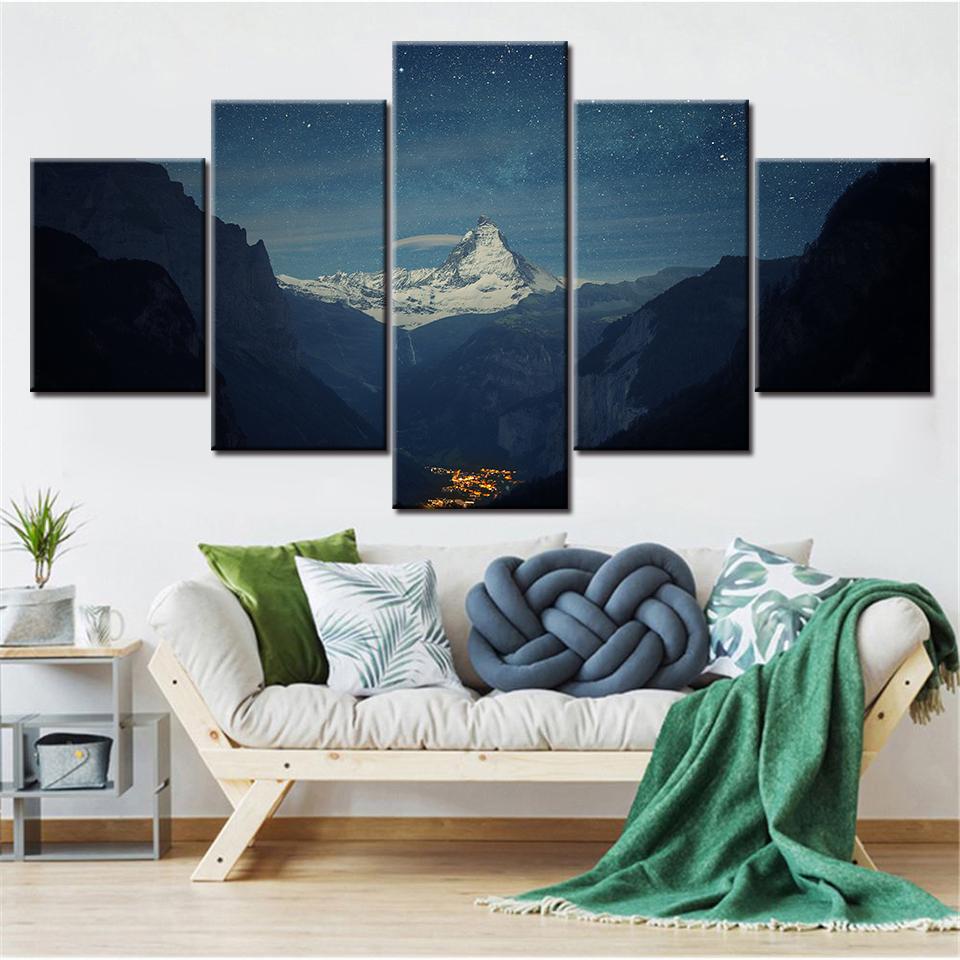 Canvas Painting HD Matterhorn Valley station landscape 5 Piece Modular nature Wall Art Pictures for Living Room Home Decor