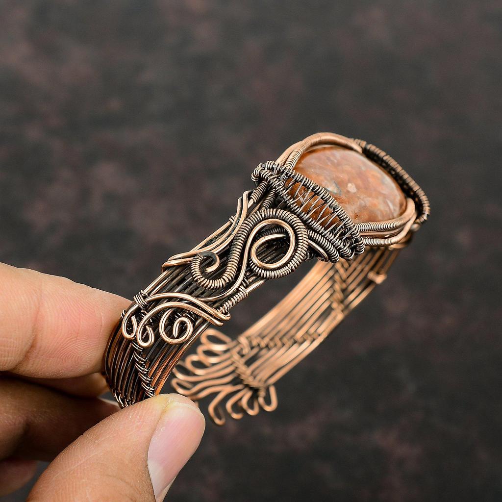 Браслет-манжета из солнечного камня Браслет-манжета из медной проволоки Регулируемый браслет из солнечного камня Драгоценный камень Стильные украшения Браслет-манжета ручной работы Проволочная манжета