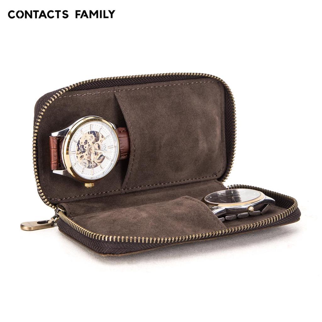 CONTACT'S FAMILY двойной чехол для часов, держатель для сумки, винтажная натуральная кожа на молнии, дорожные часы, дисплей, коробка для хранения, чехол-органайзер