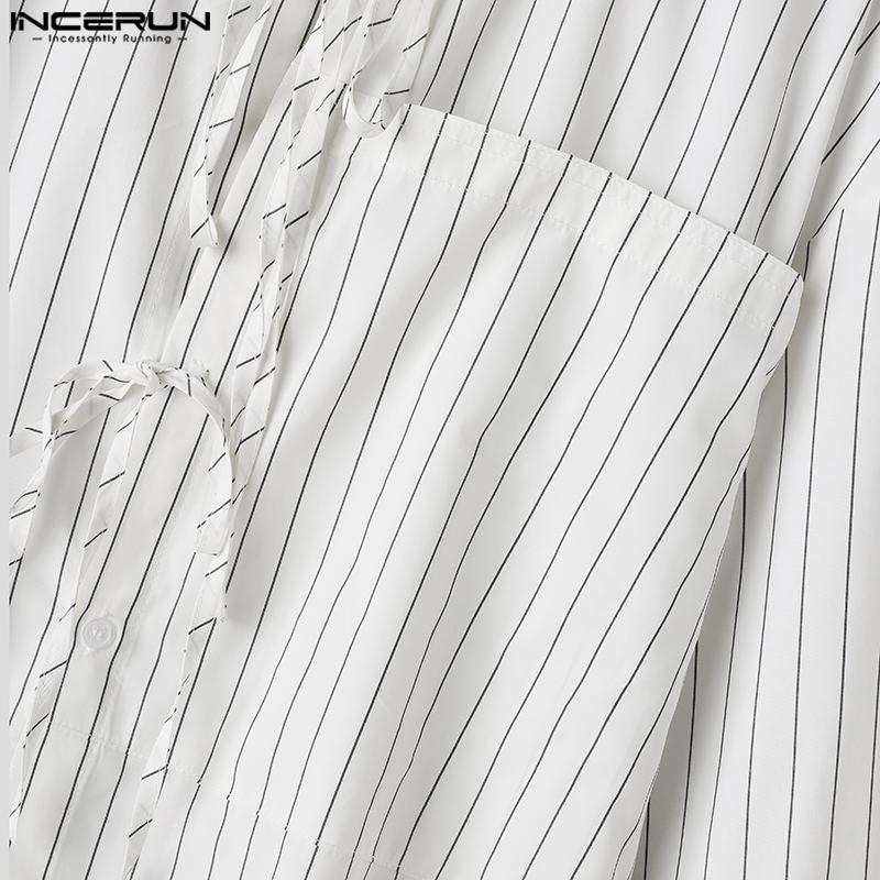 INCERUN Осенние мужские рубашки в полоску с длинным рукавом и воротником-стойкой, топы с повязками Bagge