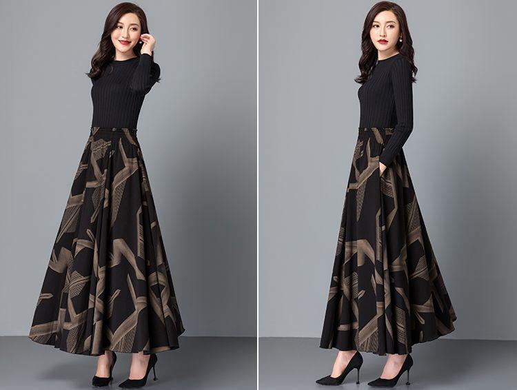 066 Юбка макси с высокой талией и цветочным принтом А-силуэта с разрезом для женщин