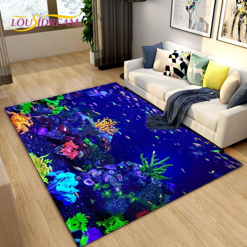 Подводный мир Морское дно Рыба Дельфин Коврик Большой, Коврик для гостиной Спальня Диван Коврик Кухня, Нескользящий напольный коврик
