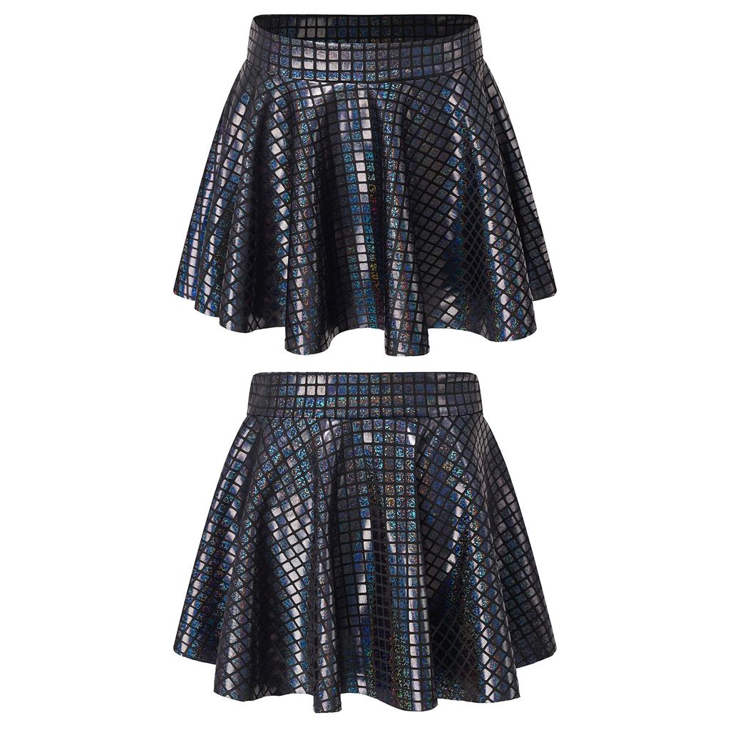 Girls Skirt Elastic Waistband Ruffled Shiny Plaid Sequins Clubwear Mini Skirts for Cheerleading Music Festival Rave Costume