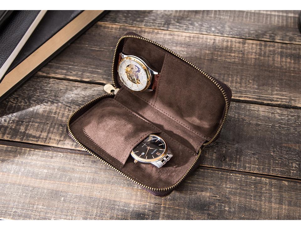 CONTACTS FAMILY Two-Piece Top Grain Cowhide Watch Pouch - Handmade Storage for Couple's Wristwatches