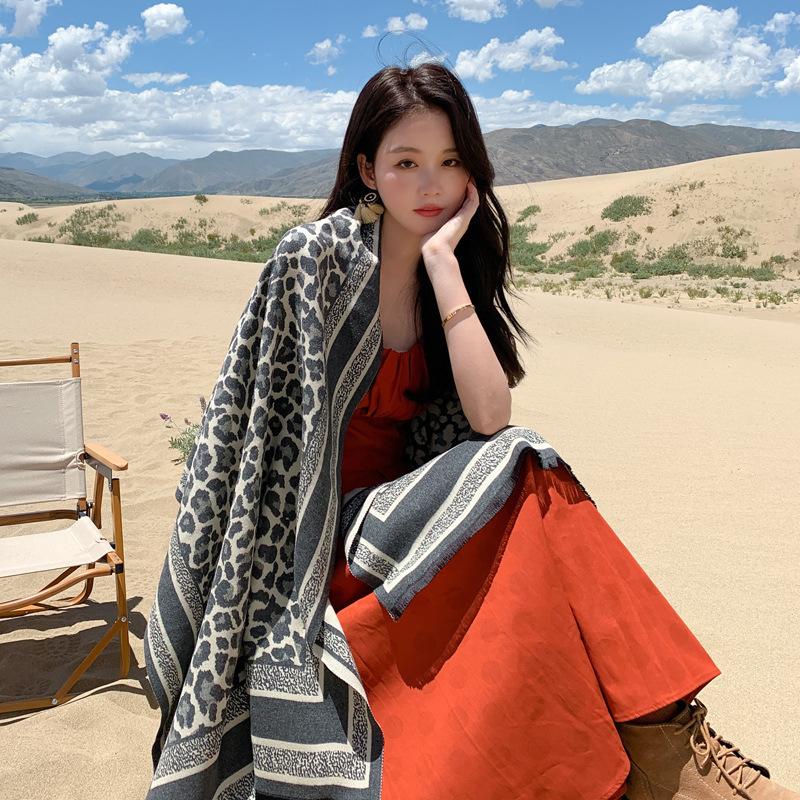 New Autumn and Winter Leopard Print Imitation Cashmere Scarf for Women Double Sided Temperament Fashion Jacquard Shawl Widened and Thickened Scarf