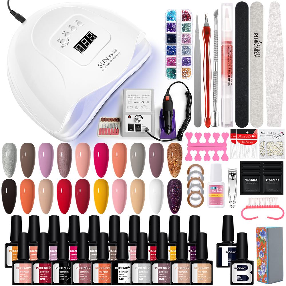 Набор гелей для ногтей PHOENIXY, профессиональный дизайн ногтей с УФ-светодиодной лампой 80 Вт, дрель для гель-лака для ногтей, набор инструментов для удаления лака для ногтей, набор инструментов для маникюра