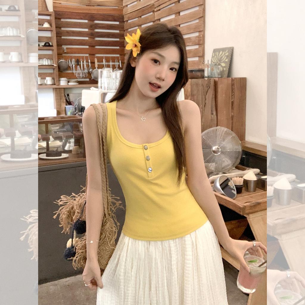 Pure desire u-neck button exposed clavicle sling vest women's summer new slim fit short sleeveless top