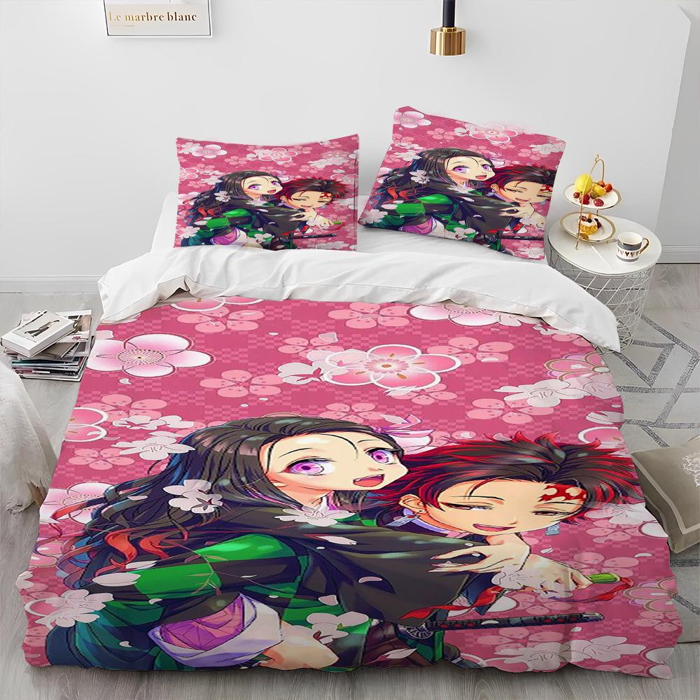 Demon Slayer Bedding Set Kamado Nezuko Duvet Cover Set Bedspread Pillowcase King Queen Full Single Size Bed Linen Kids Teen Gift